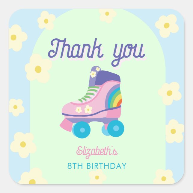 Sticker Carré Roller Skate Birthday Thank You Retro Rainbow Kids (Devant)