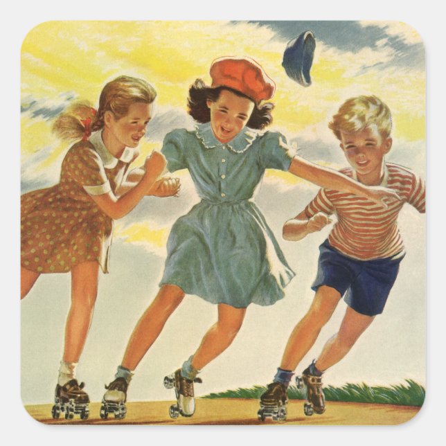 Sticker Carré Roller vintage Patinage amusant Enfants Garçons et (Devant)