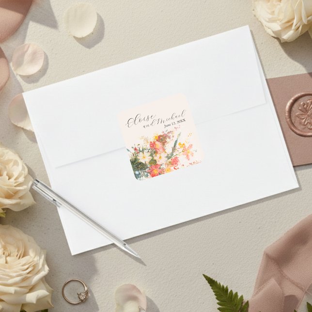 Sticker Carré Romantic Blush Painted Floral Wedding (Romantic Blush Painted Floral Wedding Square Sticker)