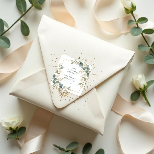 Sticker Carré Romantic Charming Flowers & Branches Frame Wedding (Romantic Delicate Floral and Branch Frame Wedding Square Stickers.)