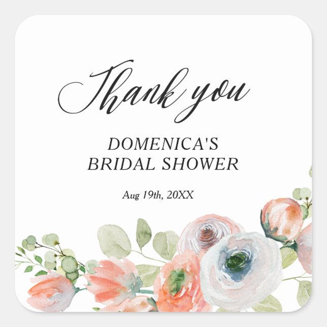 Sticker Carré Romantic Peach Floral Bridal Shower (Devant)