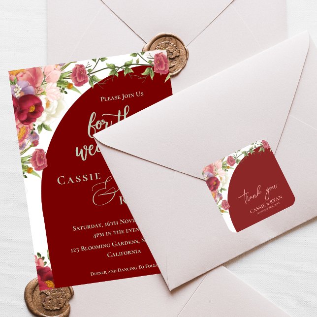 Sticker Carré Romantic Peach Floral Red Arch Wedding Thank you (Romantic Peach Floral Red Arch Wedding Thank you Square Sticker)