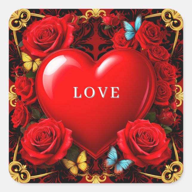 Sticker Carré Romantic Red Heart Framed by Roses and Butterflies (Devant)