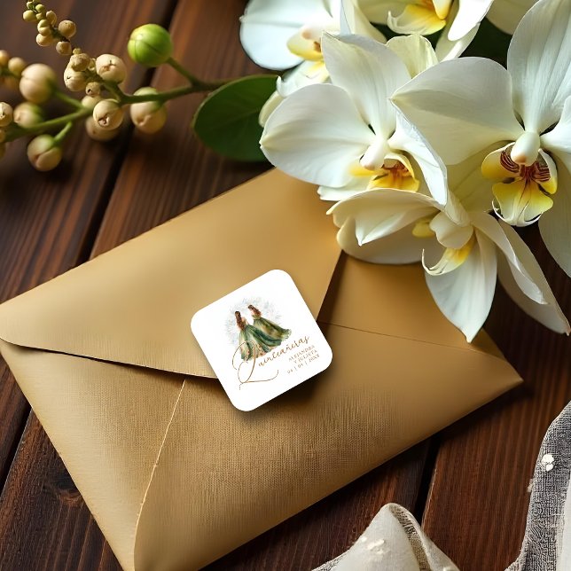 Sticker Carré Romantic Spanish Quinceañeras Twins Dolls Green (Romantic Spanish Quinceañeras Twins Dolls in Green and Brown Shades Square Stickers.)