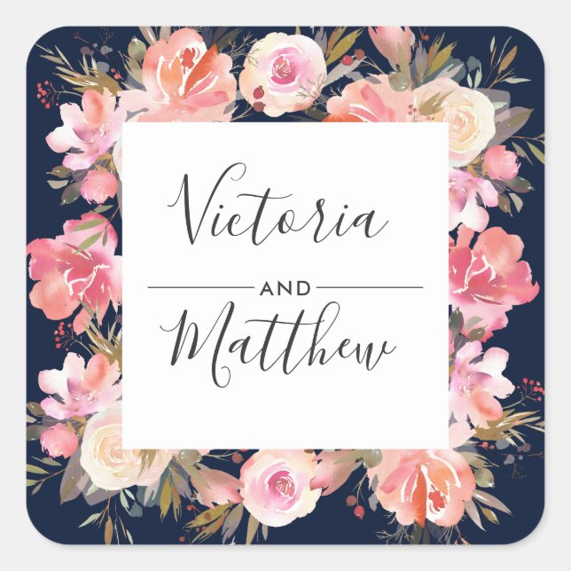Sticker Carré Romantique Blush Bloom Floral Mariage Personnalisé (Devant)