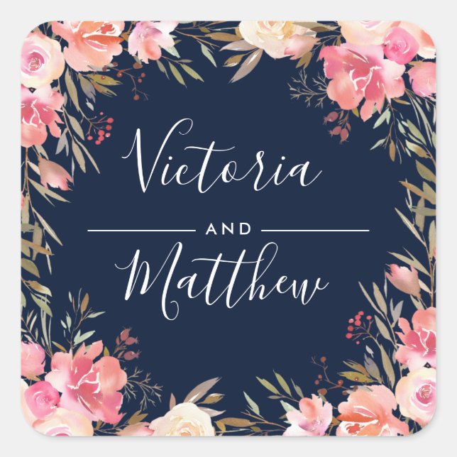 Sticker Carré Romantique Blush Bloom Floral Mariage Personnalisé (Devant)