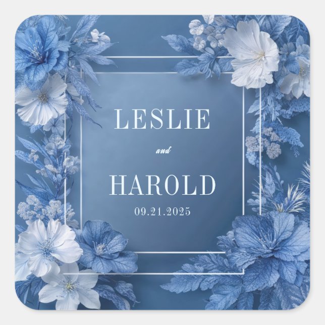 Sticker Carré Romantique Dusty Blue Garden Blooms Mariage (Devant)