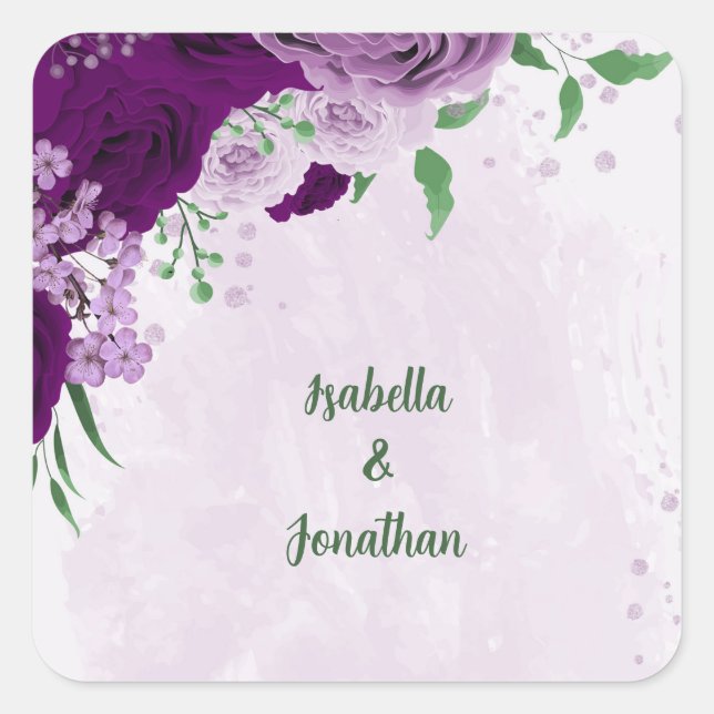 Sticker Carré Romantique fleurs violet vert mariage (Devant)