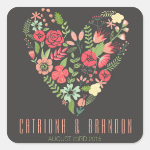 Sticker Carré Romantique Floral Coeur Mariage Favor Balise Stick
