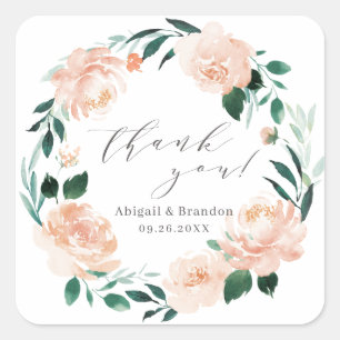 Sticker Carré Romantique floral pêche merci mariage
