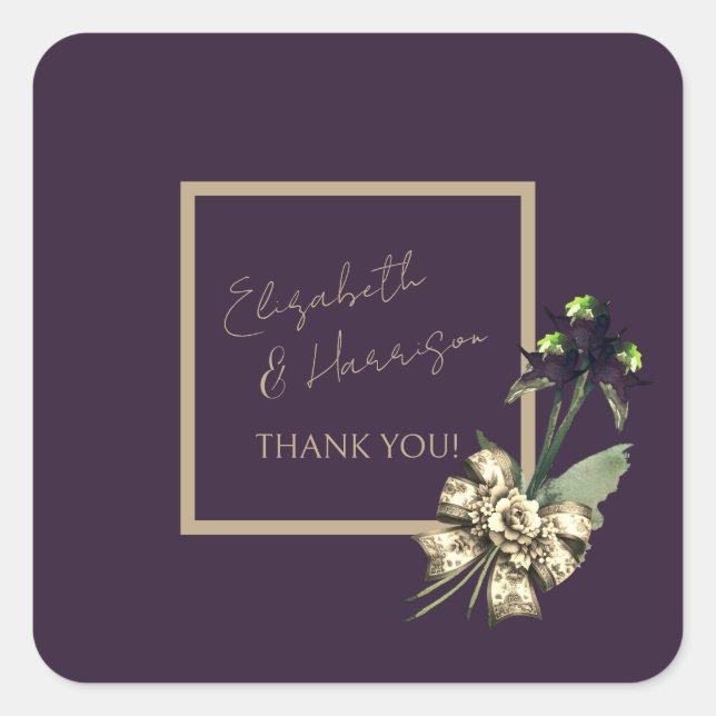 Sticker Carré Romantique Gold Script Dark Plum Mariage Merci (Devant)