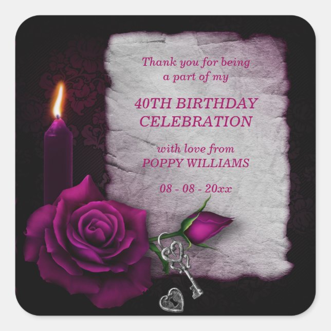 Sticker Carré Romantique gothique Rose & bougie Anniversaire (Devant)