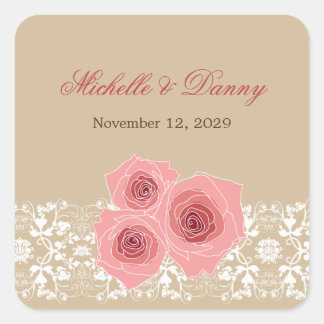 Sticker Carré Romantique rose Roses Damask Lace Vintage Mariage