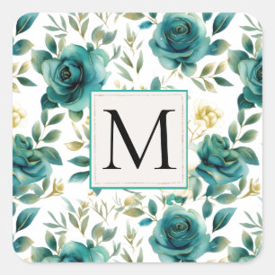 Sticker Carré Romantique Turquoise Green Creme Rose Floral Monog