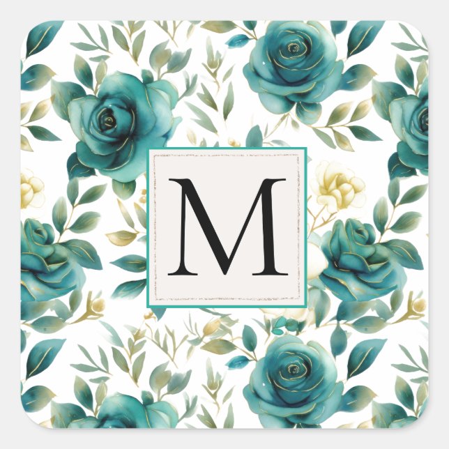 Sticker Carré Romantique Turquoise Green Creme Rose Floral Monog (Devant)