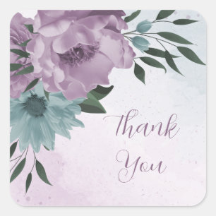Sticker Carré romantique violet poussiéreux et fleurs bleu