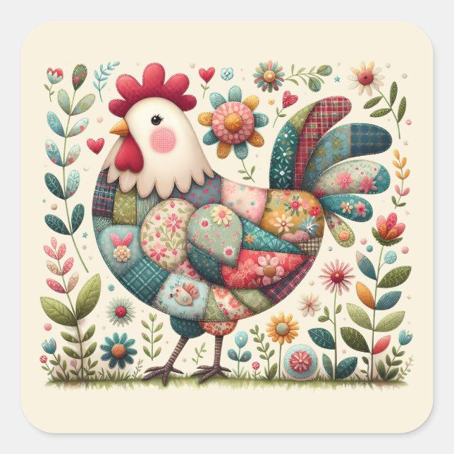 Sticker Carré Rooster de Patchwork Folk aux accents floraux (Devant)