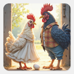 Sticker Carré Rooster et Humour Hen