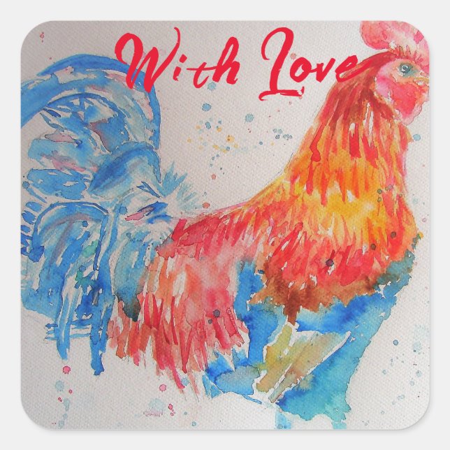Sticker Carré Rooster rouge Aquarelle Peinture Anniversaire Papa (Devant)