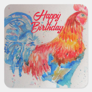 Sticker Carré Rooster rouge Aquarelle Peinture Anniversaire Papa