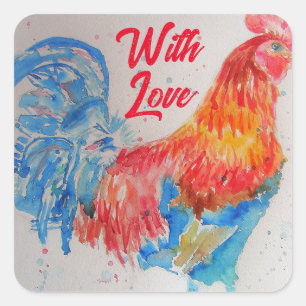 Sticker Carré Rooster Rouge Aquarelle Peinture Avec Amour