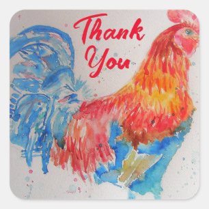 Sticker Carré Rooster rouge Aquarelle Peinture Merci