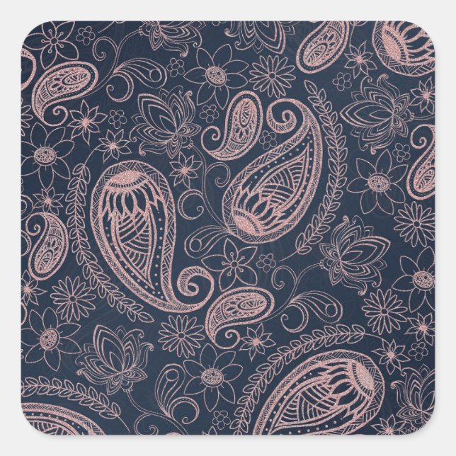 Sticker Carré Rose bleu classique Parties scintillant or Paisley (Devant)