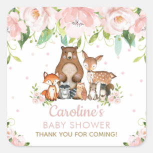 Sticker Carré Rose Blush Floral Bois Animaux Merci Favoriser