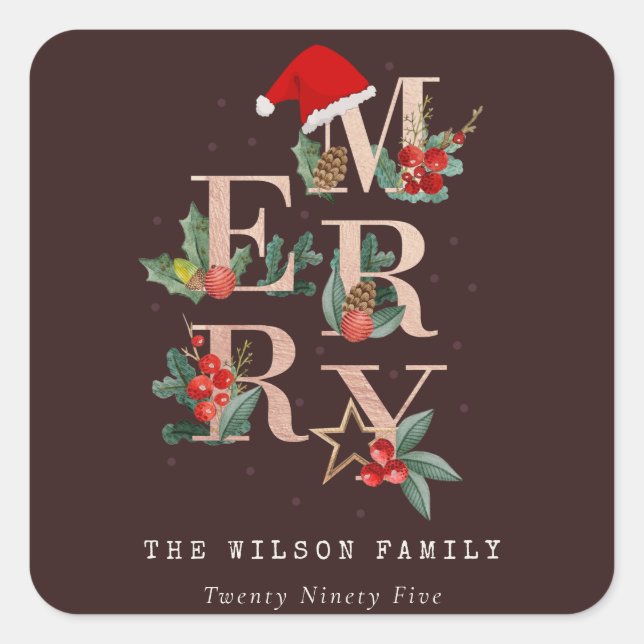 Sticker Carré Rose Brown Gold Red Green Joyeux Noël Folio (Devant)