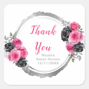 Sticker Carré Rose Chaude et Fleurs Élégantes Argentées Sweet Si