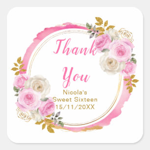 Sticker Carré Rose Clair et Or Elégant Fleurs Sweet Seize