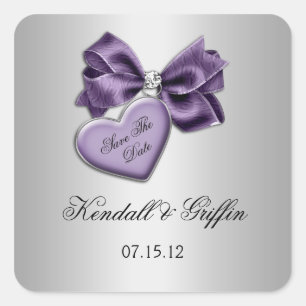 Sticker Carré Rose Coeur Bow Diamonds Argent Enregistrer La Date
