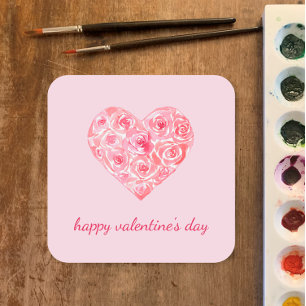 Sticker Carré Rose d'aquarelle personnalisé Coeur Saint-Valentin