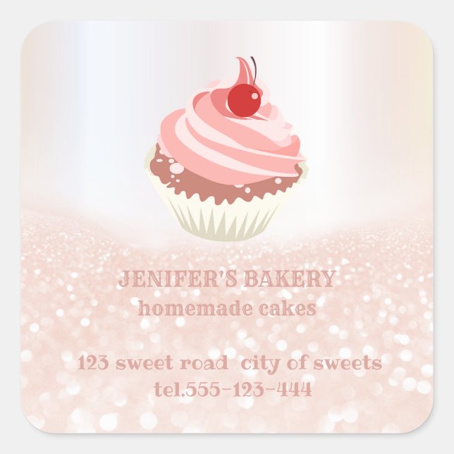 Sticker Carré Rose dorure glitterie cupcakes et friandises maiso (Devant)
