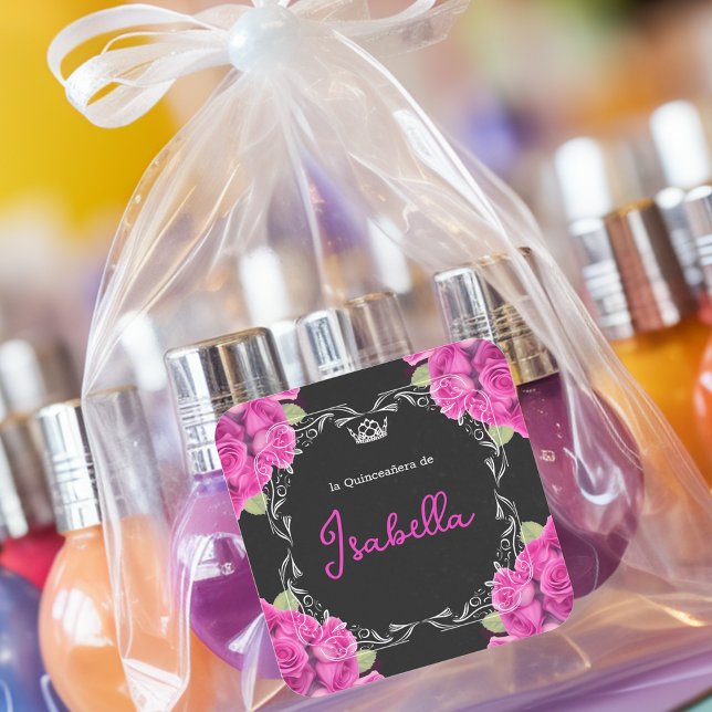 STICKER CARRÉ ROSE ESPAGNOLE & QUINCEAÑERA NOIR - ÉLÉGANT ROSE (Créateur téléchargé)