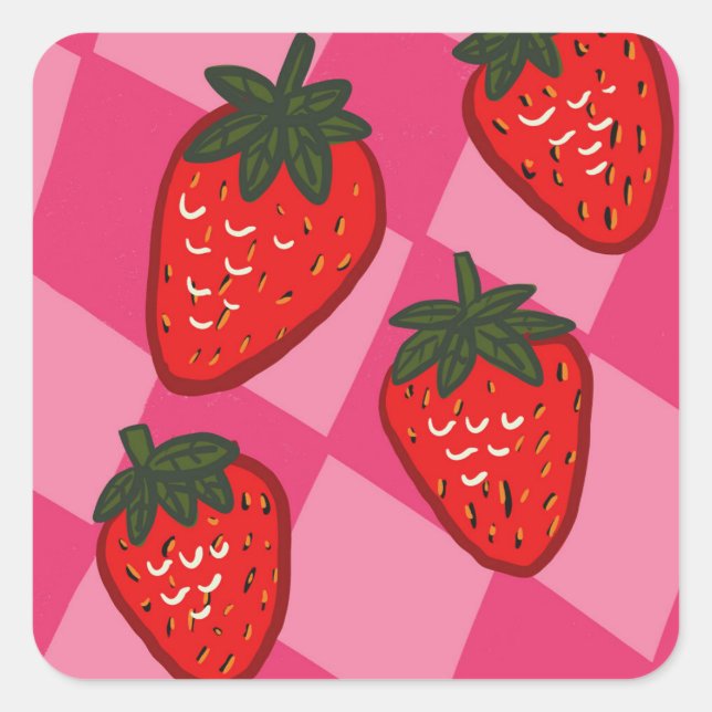 Sticker Carré Rose et rouge fraise à carreaux dessinés à la main (Devant)