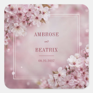 Sticker Carré Rose éthérée de fleurs de cerisier en fond flou po