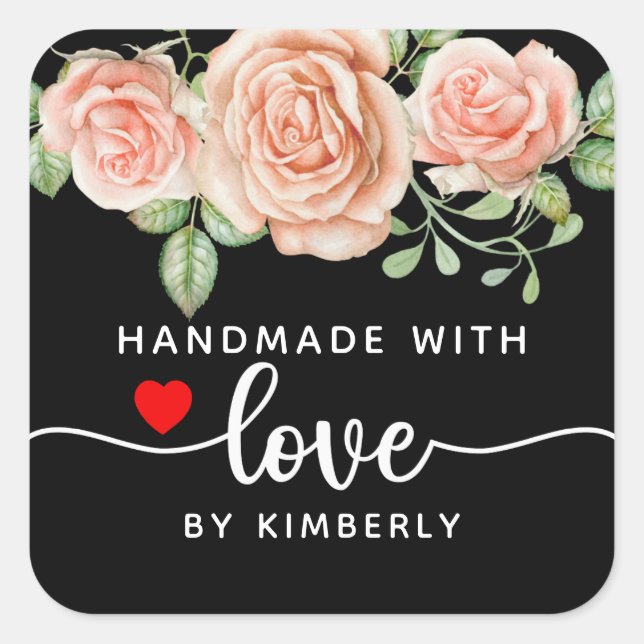 Sticker Carré Rose fait main avec amour noir (Devant)