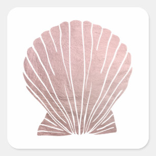 Sticker Carré Rose Faux Metallic Elégant Seashell Beach Mariage