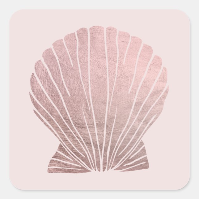 Sticker Carré Rose Faux Metallic Elégant Seashell Beach Mariage (Devant)