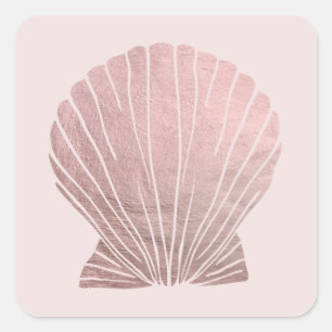 Sticker Carré Rose Faux Metallic Elégant Seashell Beach Mariage