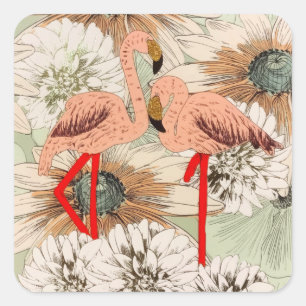 Sticker Carré Rose flamant floral tropical feuilles paillettes