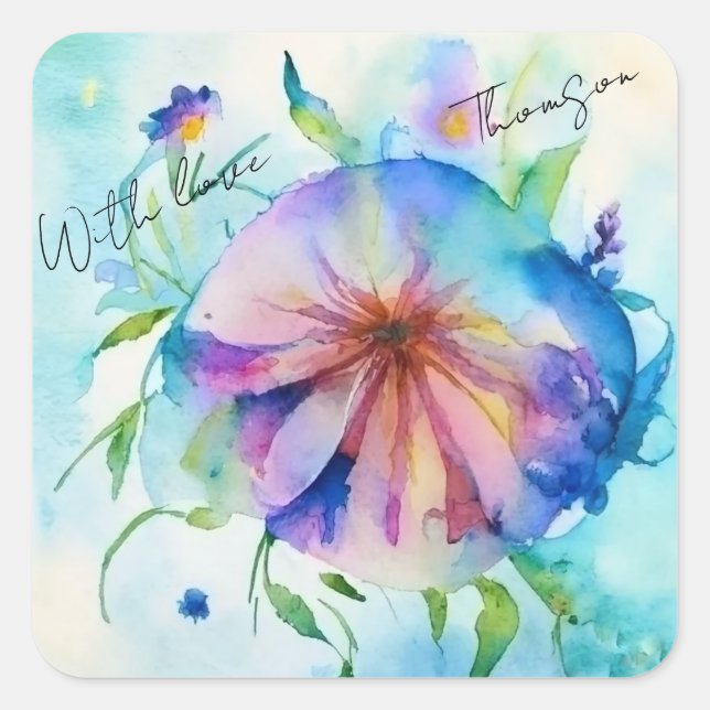 Sticker Carré rose, fleur d'algues bleues, aquarelle, (Devant)