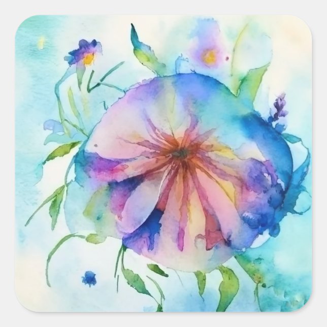 Sticker Carré rose, fleur d'algues bleues, aquarelle, (Devant)