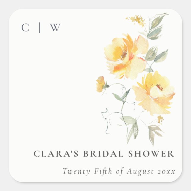 Sticker Carré Rose Fleur de Mariage en Aquarelle Jaune Vert (Devant)