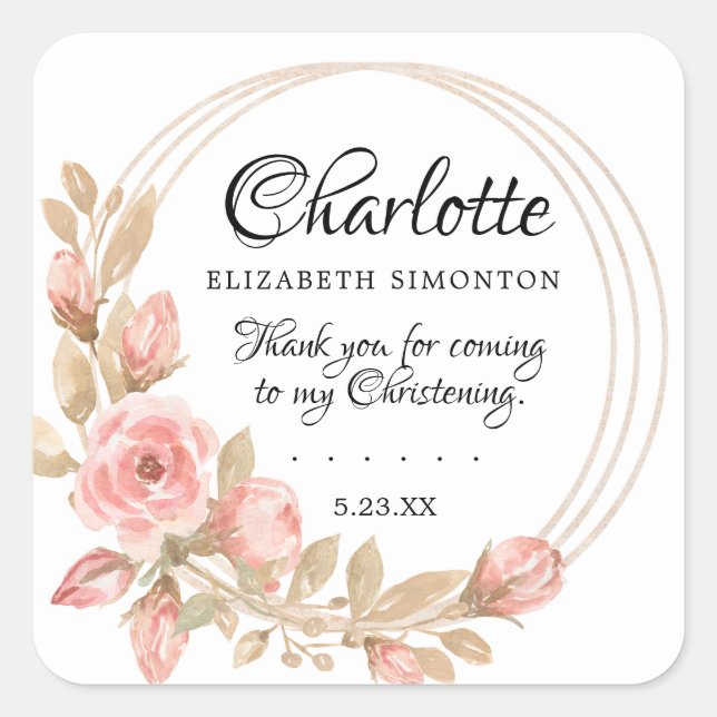 Sticker Carré Rose Floral Christening Personnalisé (Devant)