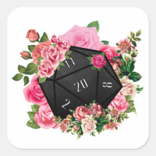 Sticker Carré Rose floral D20 Tabletop RPG Jeu Dice