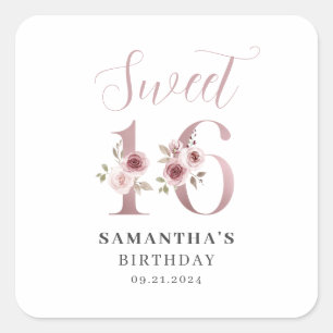 Sticker Carré Rose Floral Sweet 16 Anniversaire