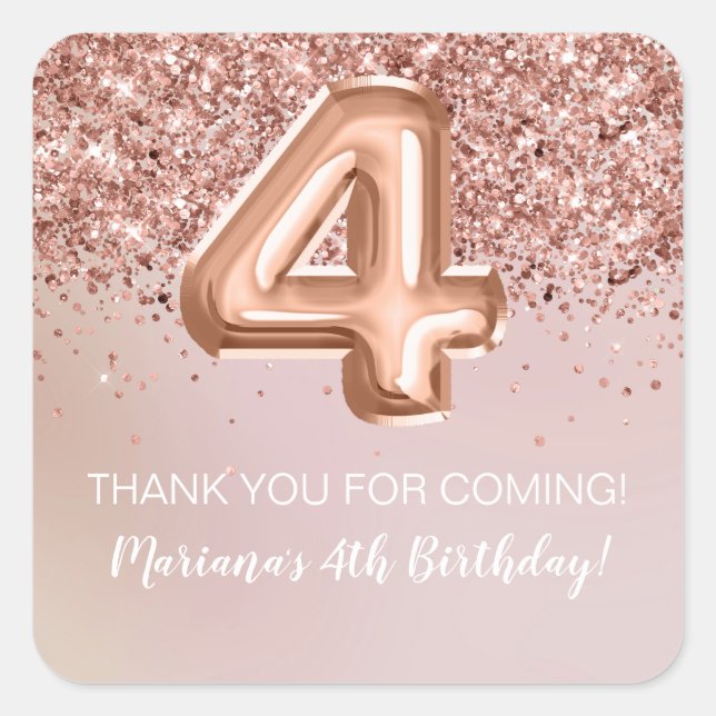Sticker Carré Rose Gold 4th Birthday Party Favoriser (Devant)