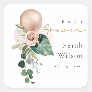 STICKER CARRÉ ROSE GOLD BALLOON PEACH BABY SHOWER FLORAL BUNCH